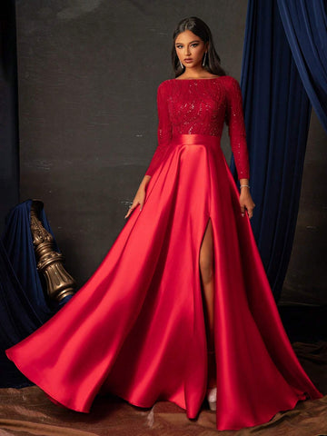 Women's Glittering Long Sleeve High-End Cocktail Maxi Dress With Slit Hem For Party