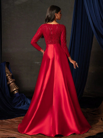 Women's Glittering Long Sleeve High-End Cocktail Maxi Dress With Slit Hem For Party