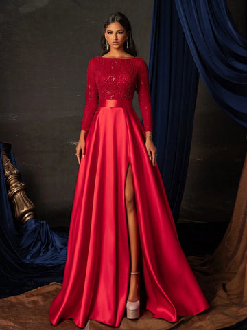 Women's Glittering Long Sleeve High-End Cocktail Maxi Dress With Slit Hem For Party