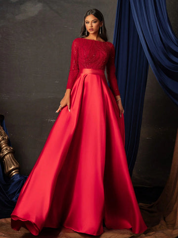 Women's Glittering Long Sleeve High-End Cocktail Maxi Dress With Slit Hem For Party