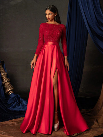 Women's Glittering Long Sleeve High-End Cocktail Maxi Dress With Slit Hem For Party