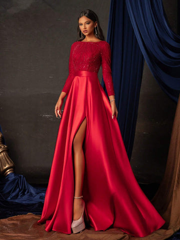 Women's Glittering Long Sleeve High-End Cocktail Maxi Dress With Slit Hem For Party