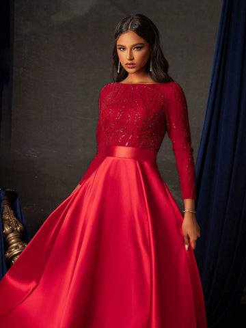 Women's Glittering Long Sleeve High-End Cocktail Maxi Dress With Slit Hem For Party