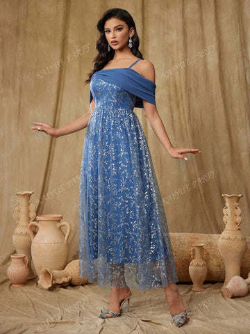 Women's Gold Foil Print Mesh Bardot Maxi Party Dress