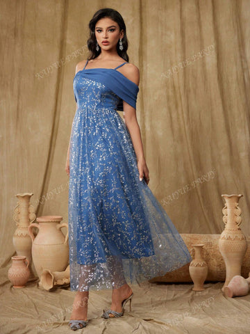 Women's Gold Foil Print Mesh Bardot Maxi Party Dress