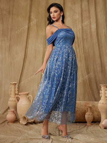 Women's Gold Foil Print Mesh Bardot Maxi Party Dress