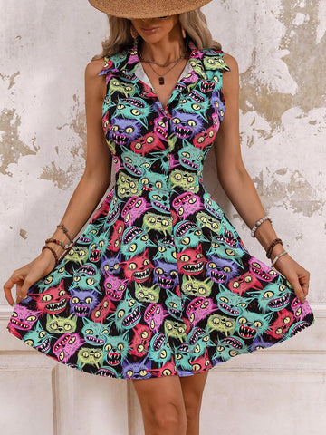 Women's Gothic Zombie Cat Printed A-Line Dress