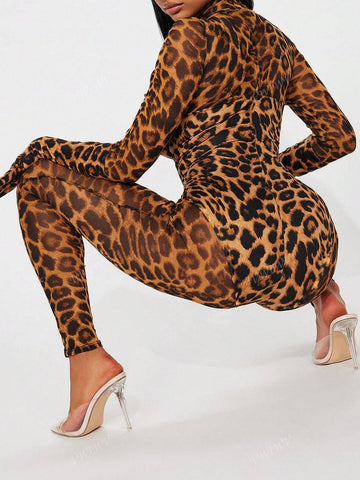 Women's Halloween Party Fitted Sheer High Neck Printed Jumpsuit