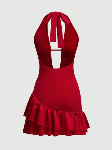 Women's Halter Neck Backless Red Lace-Up Ruffle Hem Mini Dress
