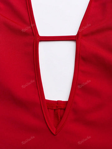 Women's Halter Neck Backless Red Lace-Up Ruffle Hem Mini Dress