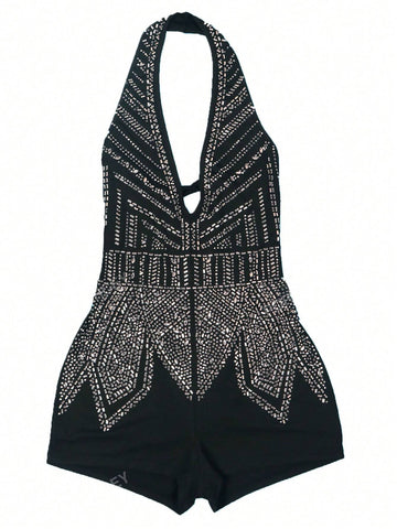 Women's Halter Neck Hot Diamond Sexy Deep V Party Dinner Romper