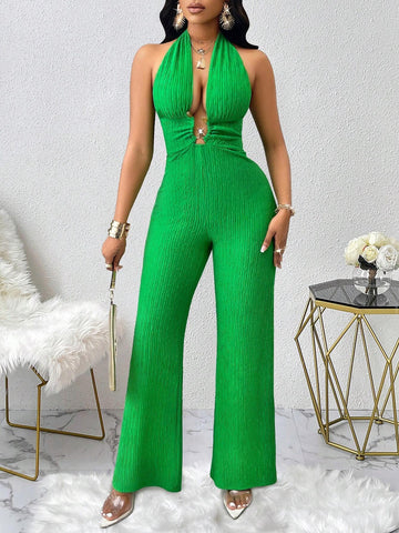 Women's Halter Tie Backless Bodysuits With Metal Decor, Elegant And Charming