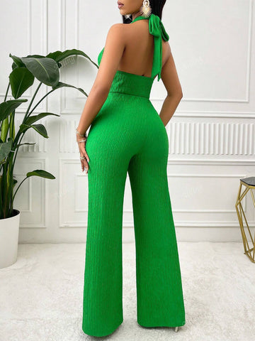 Women's Halter Tie Backless Bodysuits With Metal Decor, Elegant And Charming