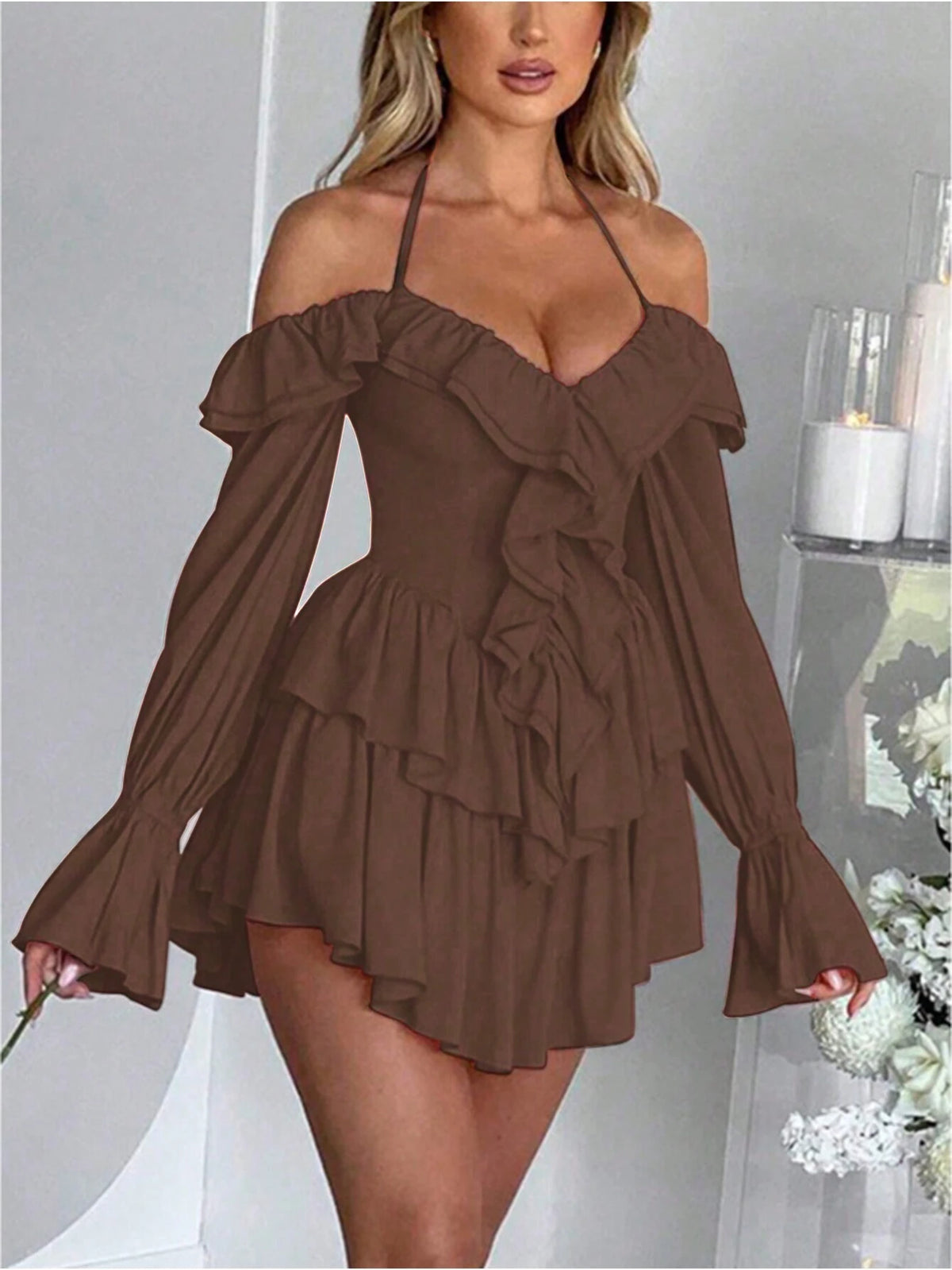 Women's Halterneck Ruffle Hem Slip Dress