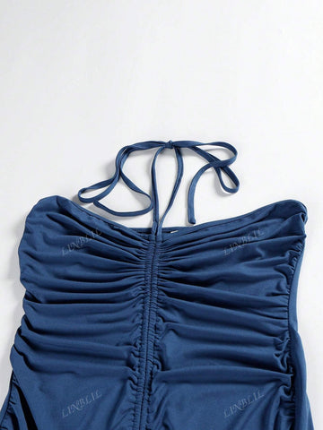 Women's Halterneck Sleeveless Sexy Drawstring Hip-Hugging Dress Cocktail Dress
