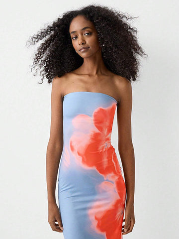 Women's Hand-Painted Printed Tube Top Hem Slit Cocktail Party Modified Dress