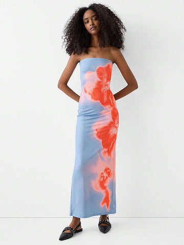 Women's Hand-Painted Printed Tube Top Hem Slit Cocktail Party Modified Dress