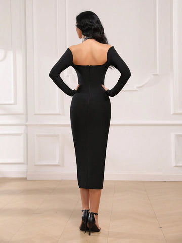 Women's Handmade Rhinestone Embellished Deep V-Neck Long Sleeve Split Bandage Dress, European And American Style
