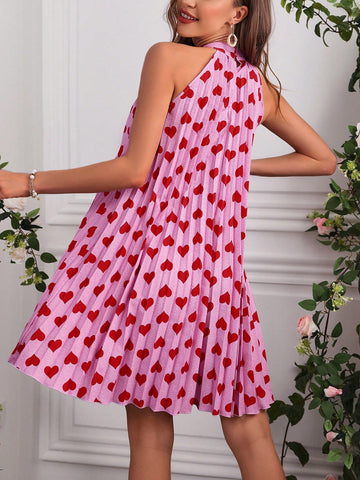 Women's Heart Patterned Pleated Halterneck Dress