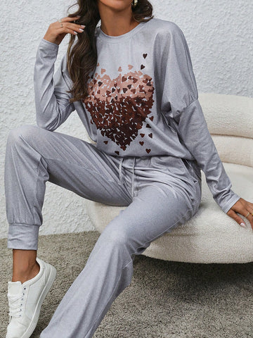 Women's Heart Print Batwing Sleeve 2pcs/set