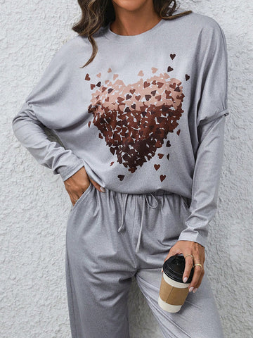 Women's Heart Print Batwing Sleeve 2pcs/set