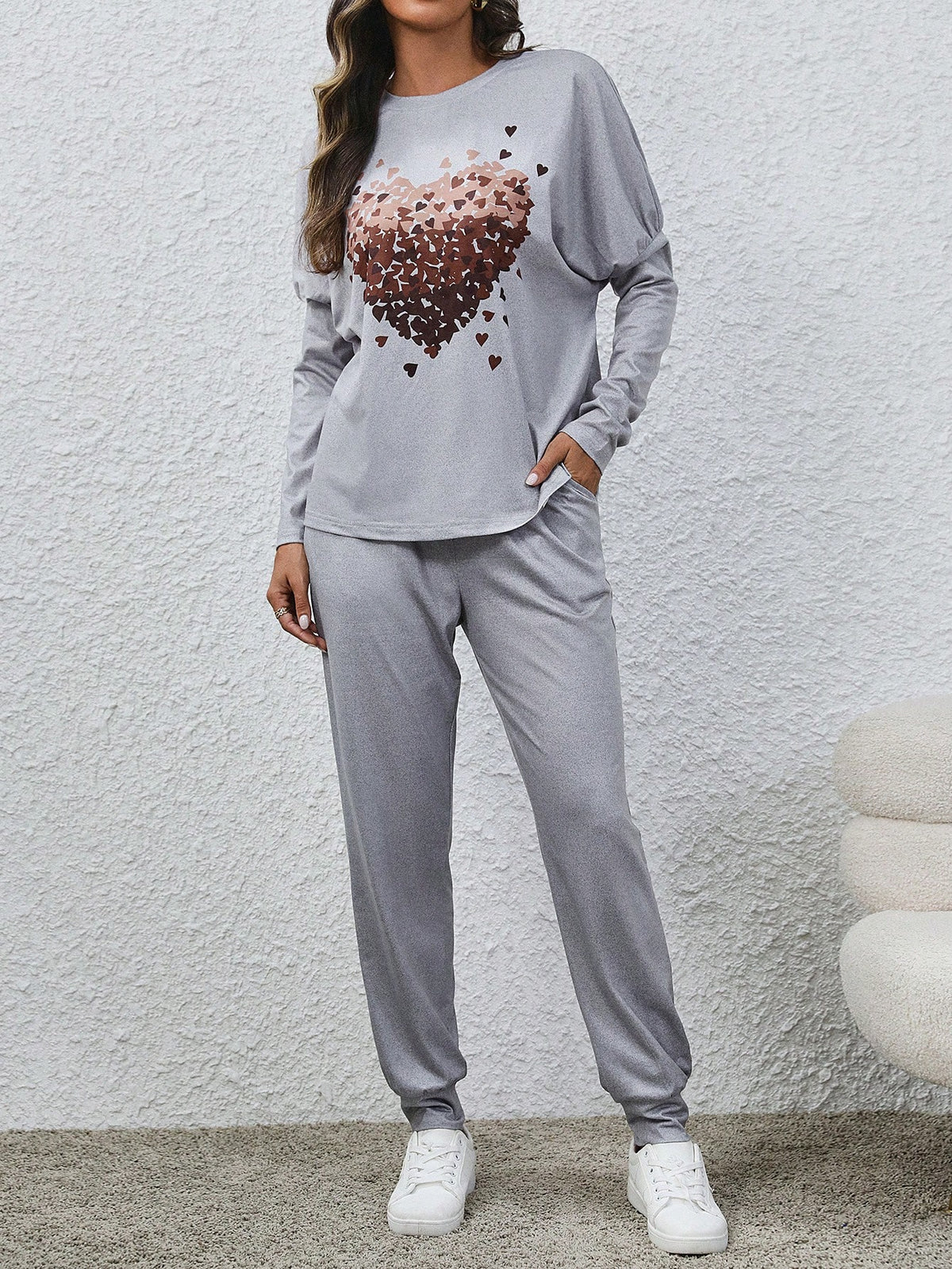 Women's Heart Print Batwing Sleeve 2pcs/set