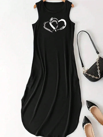 Women's Heart Printed Sleeveless Vest Dress, Simple And Suitable For Daily Wear