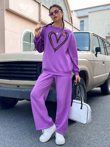 Women's Hearts Print Sweatshirt And Pants Set