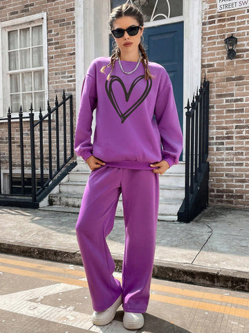 Women's Hearts Print Sweatshirt And Pants Set