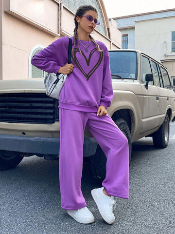 Women's Hearts Print Sweatshirt And Pants Set