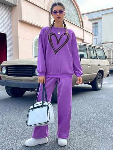 Women's Hearts Print Sweatshirt And Pants Set