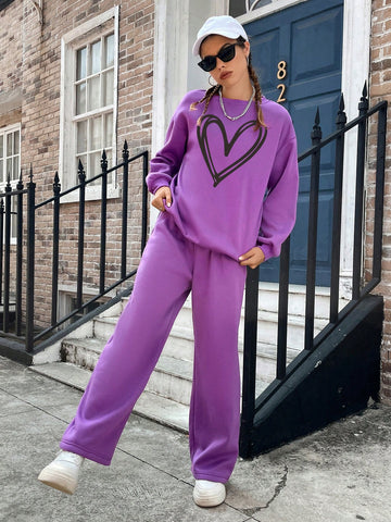 Women's Hearts Print Sweatshirt And Pants Set