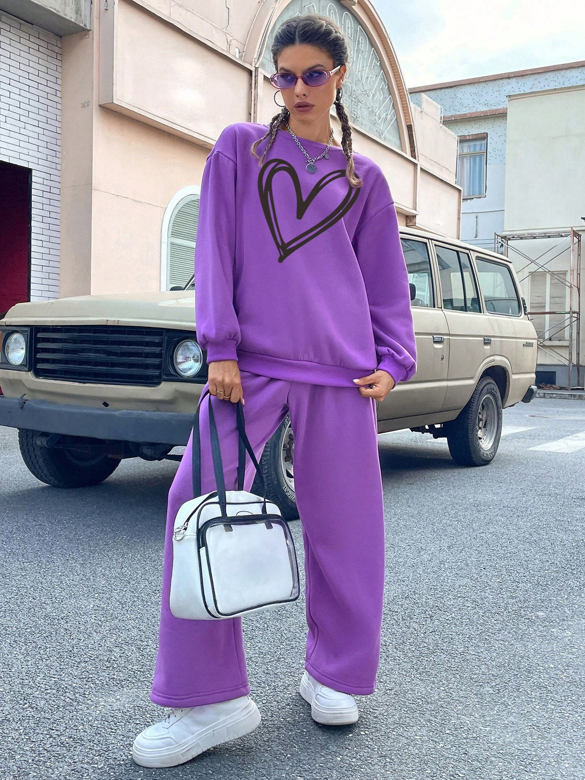 Women's Hearts Print Sweatshirt And Pants Set