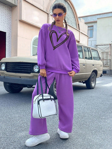Women's Hearts Print Sweatshirt And Pants Set