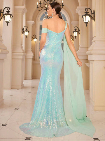 Women's High-Slit Sequined Mesh Evening Dress With Sheer Inserts