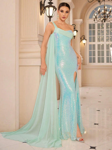 Women's High-Slit Sequined Mesh Evening Dress With Sheer Inserts