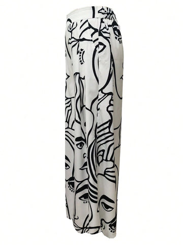 Women's High-Waisted Loose-Fit Leaf Print Pants - Vibrant Red & White Tropical Botanical Design New Arrival Office Workwear Trousers For Women, Fashion Casual Elegant Wide Leg Pants
