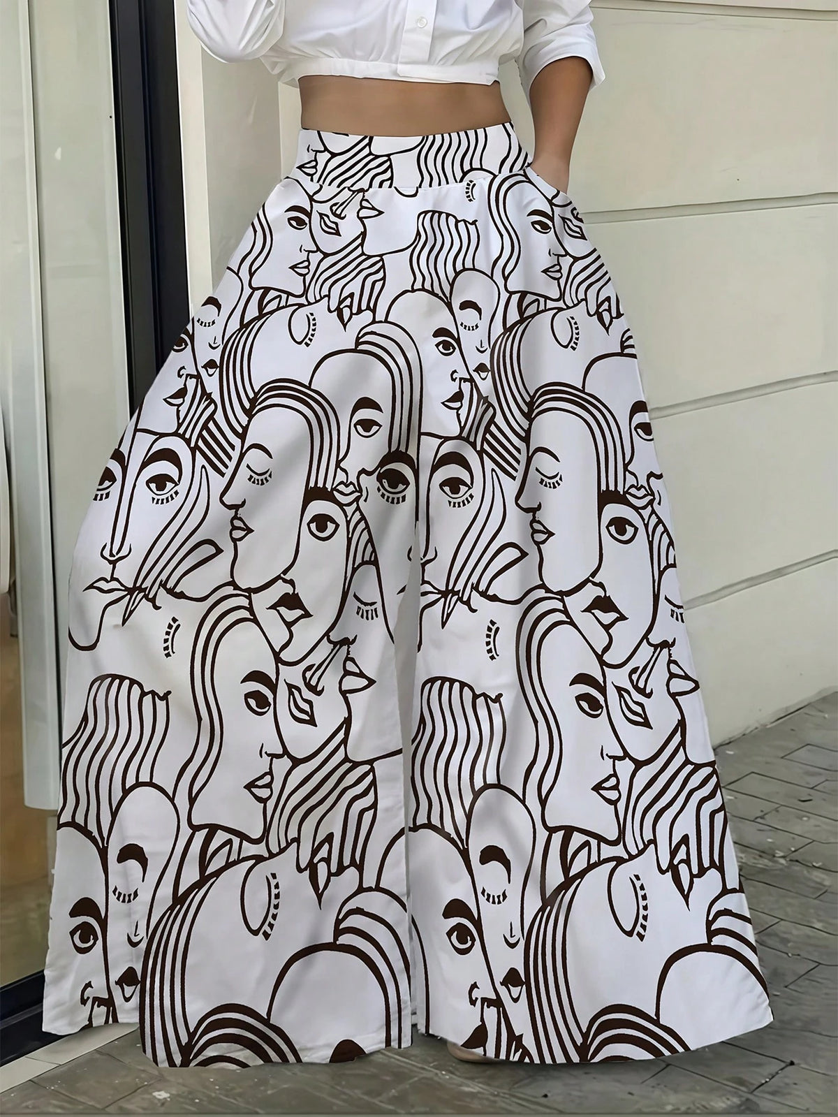 Women's High-Waisted Loose-Fit Leaf Print Pants - Vibrant Red & White Tropical Botanical Design New Arrival Office Workwear Trousers For Women, Fashion Casual Elegant Wide Leg Pants