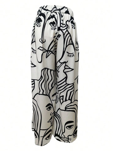 Women's High-Waisted Loose-Fit Leaf Print Pants - Vibrant Red & White Tropical Botanical Design New Arrival Office Workwear Trousers For Women, Fashion Casual Elegant Wide Leg Pants