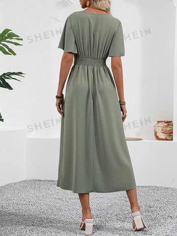 Women's High-Waisted Pleated Cable Knit Peplum Bell Sleeve Slit Dress