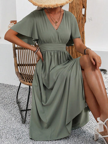 Women's High-Waisted Pleated Cable Knit Peplum Bell Sleeve Slit Dress