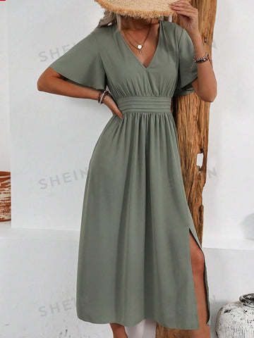 Women's High-Waisted Pleated Cable Knit Peplum Bell Sleeve Slit Dress