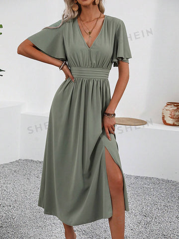 Women's High-Waisted Pleated Cable Knit Peplum Bell Sleeve Slit Dress