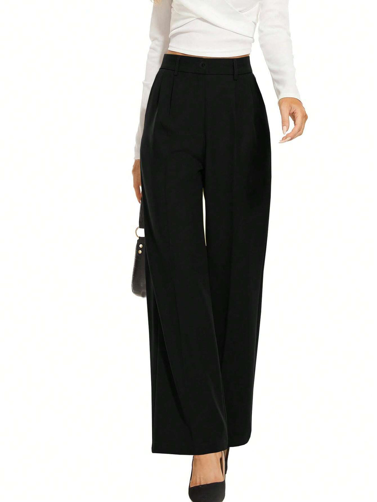 Women's High Elastic Waist Wide Leg Pants, Business Work Trousers, Long Straight Leg Suit Pants