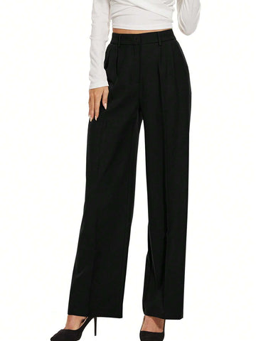 Women's High Elastic Waist Wide Leg Pants, Business Work Trousers, Long Straight Leg Suit Pants