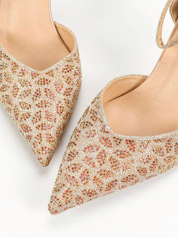Women's High Heel Ankle Strap Sandals, Colorful Rhinestone Decor, Pointed Toe, Fashion Banquet Design, Elegant Mid Heel Hollow-Out