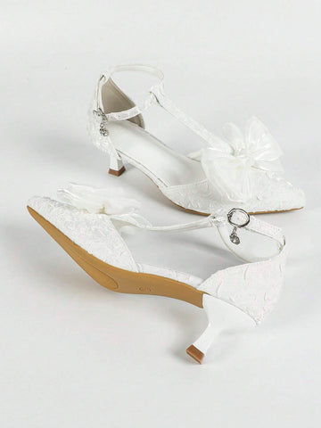 Women's High Heel Hollowed-Out Pumps, Low Heel Pointed Toe Fashionable French Bowknot