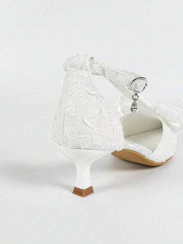 Women's High Heel Hollowed-Out Pumps, Low Heel Pointed Toe Fashionable French Bowknot