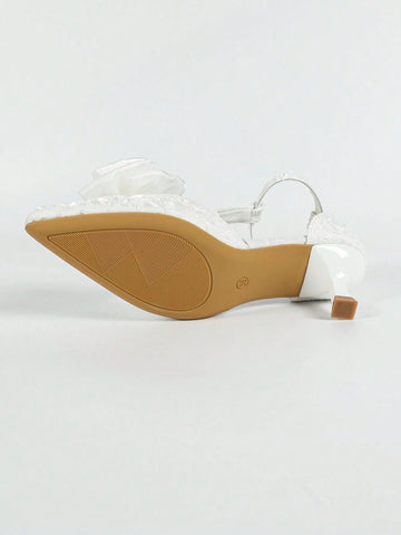 Women's High Heel Hollowed-Out Pumps, Low Heel Pointed Toe Fashionable French Bowknot