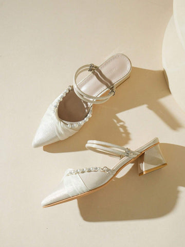 Women's High Heel Peep Toe Pumps 2024 Spring New Pearl Decoration Chunky Heel Shoes For Summer